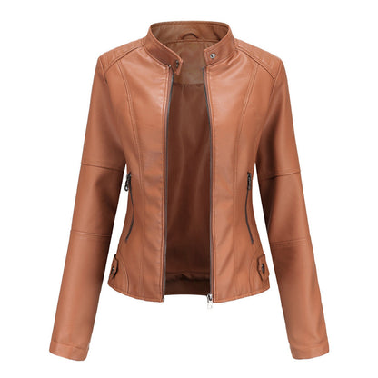 Chaqueta de Moto de Cuero Sintético Elegante para Mujeres con Cuello Alto, Manga Larga, Estilo Corto y Ajustado
