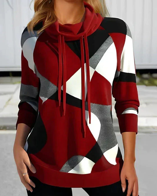 Túnica cómoda con estampado geométrico para mujeres, con cuello drapeado, mangas largas y estilo relajado con cordón