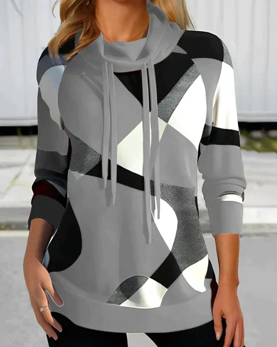 Túnica cómoda con estampado geométrico para mujeres, con cuello drapeado, mangas largas y estilo relajado con cordón