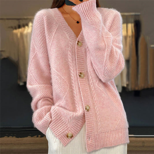 Cárdigan de Punto de Cable Cómodo para Mujeres con Cuello en V, Manga Larga, Botones en la Parte Frontal, Estilo Relajado y Oversized