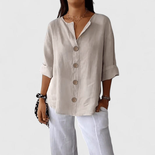Blusa de Lino Sin Esfuerzo para Mujeres con Cuello en V, Mangas de Codo y Estilo Relajado