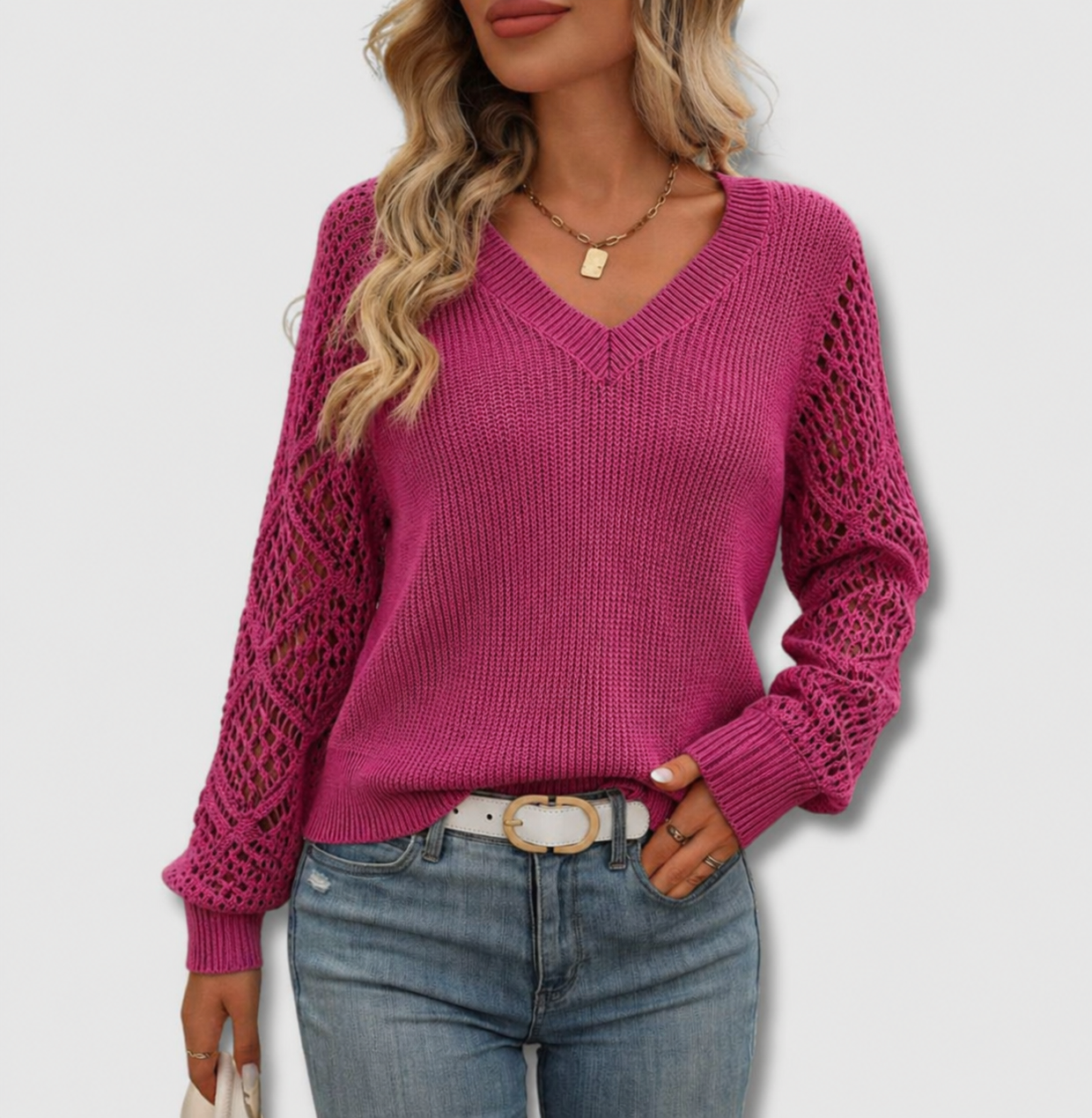 Suéter de Manga de Crochet Cómodo para Mujeres con Cuello en V y Estilo de Tejido Relajado de Manga Larga