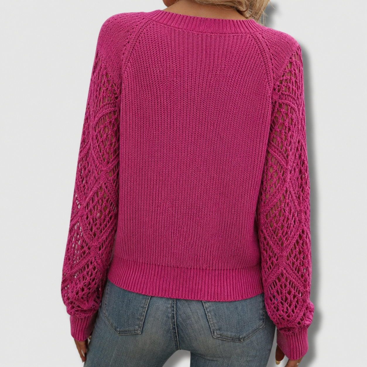 Suéter de Manga de Crochet Cómodo para Mujeres con Cuello en V y Estilo de Tejido Relajado de Manga Larga
