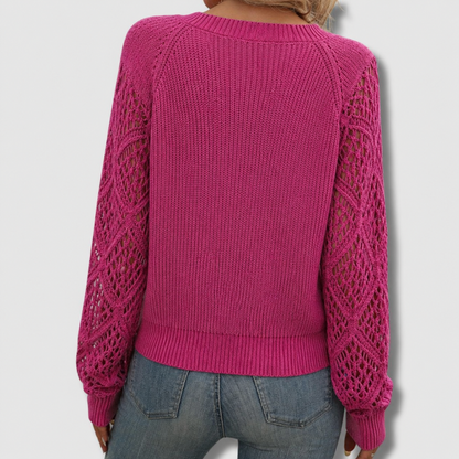 Suéter de Manga de Crochet Cómodo para Mujeres con Cuello en V y Estilo de Tejido Relajado de Manga Larga