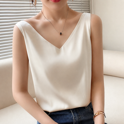 Blusa de satén sin esfuerzo para mujeres con escote en V, sin mangas y estilo relajado y fluido