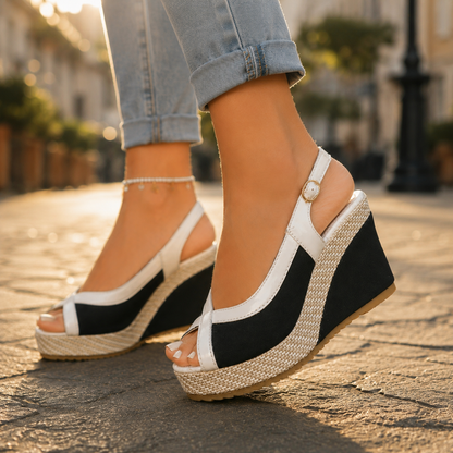 Sandalía de cuña con color bloque elegante para mujeres con punta abierta y tiras cruzadas estilo espadrille