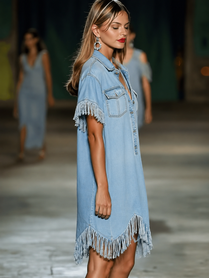 Vestido Camisero de Mezclilla Azul Claro sin Esfuerzo para Mujeres con Cuello, Manga Corta, Flecos y Dobladillo en Forma de Pañuelo