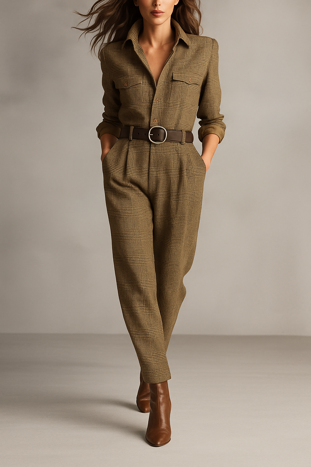 Mono Elegante de Cuadros Marrón para Mujeres con Cuello, Manga Larga, Cinturón y Estilo Casual