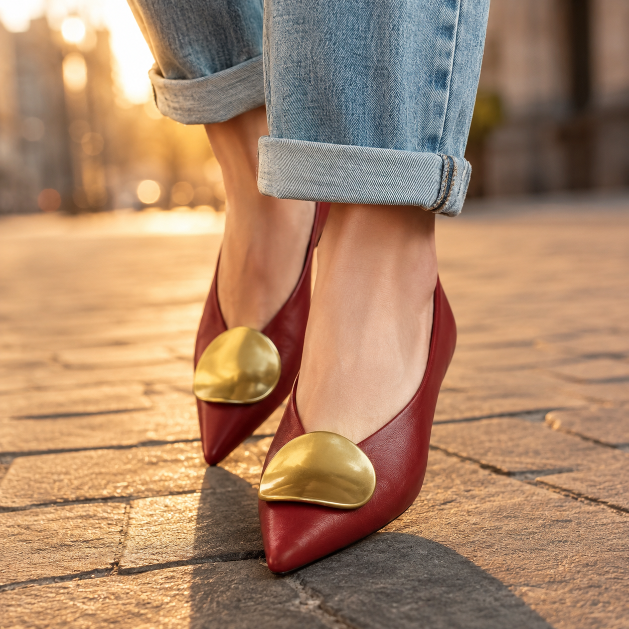 Elegante Zapato de Tacón Bajo de Cuero para Mujeres con Punta Afilar y Acento Dorado Estilo Sleek