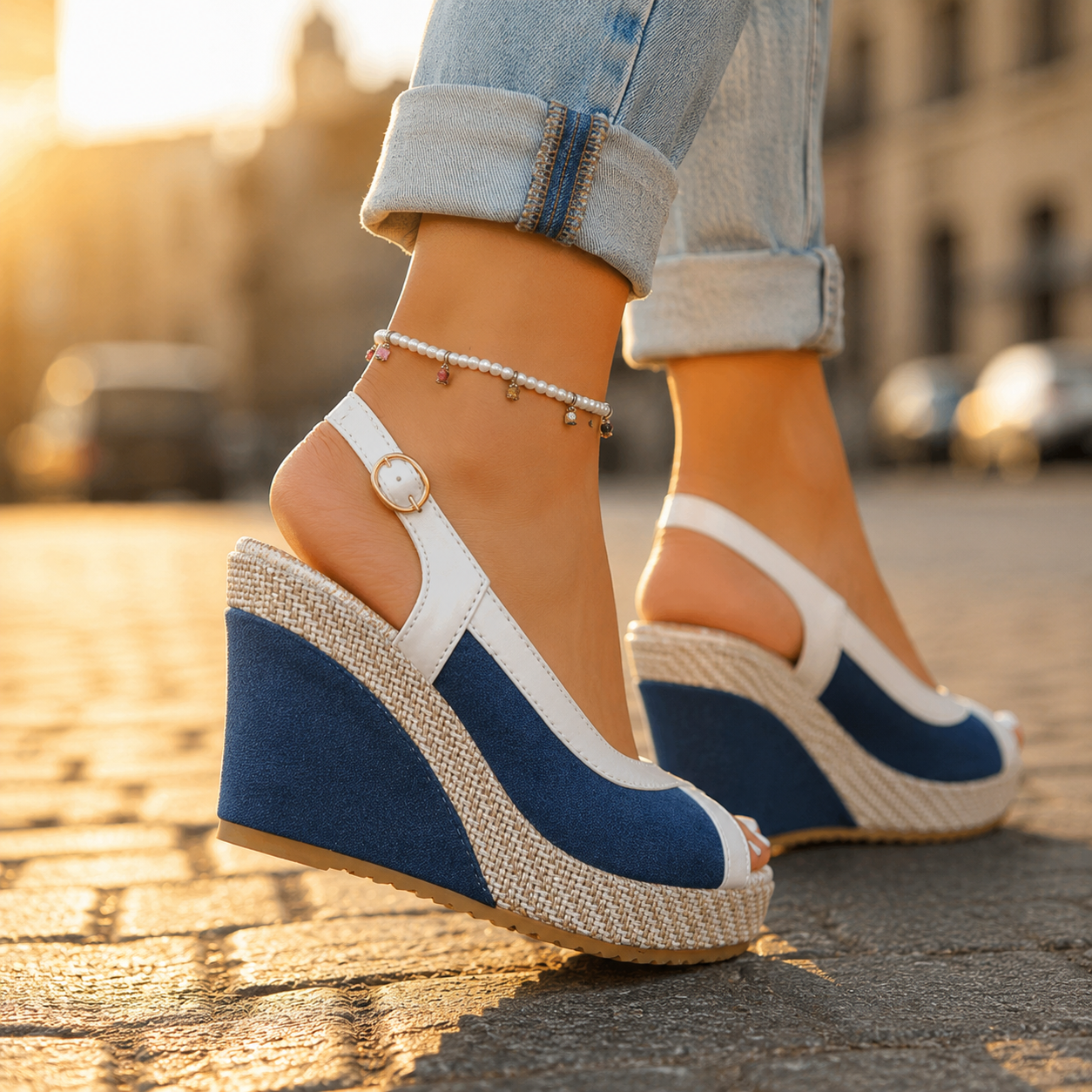 Sandalía de cuña con color bloque elegante para mujeres con punta abierta y tiras cruzadas estilo espadrille