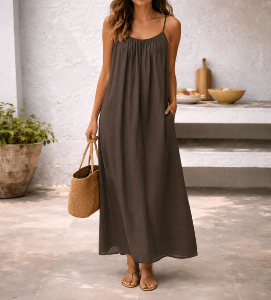 Vestido Maxi de Lino Sin Esfuerzo para Mujeres con Escote Redondo y Tirantes de Espagueti en Estilo Bohemio