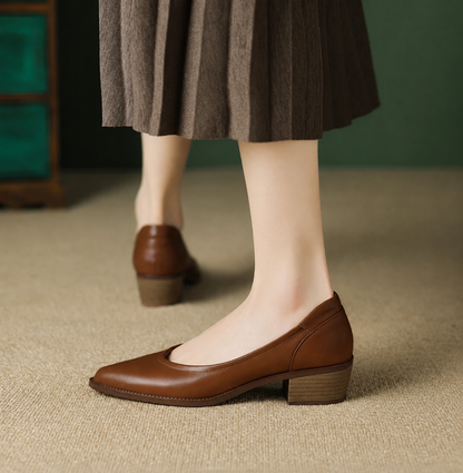 Elegante Zapato de Tacón Bloque de Cuero para Mujeres con Punta Afilar Deslizante Estilo Casual en Corte en V