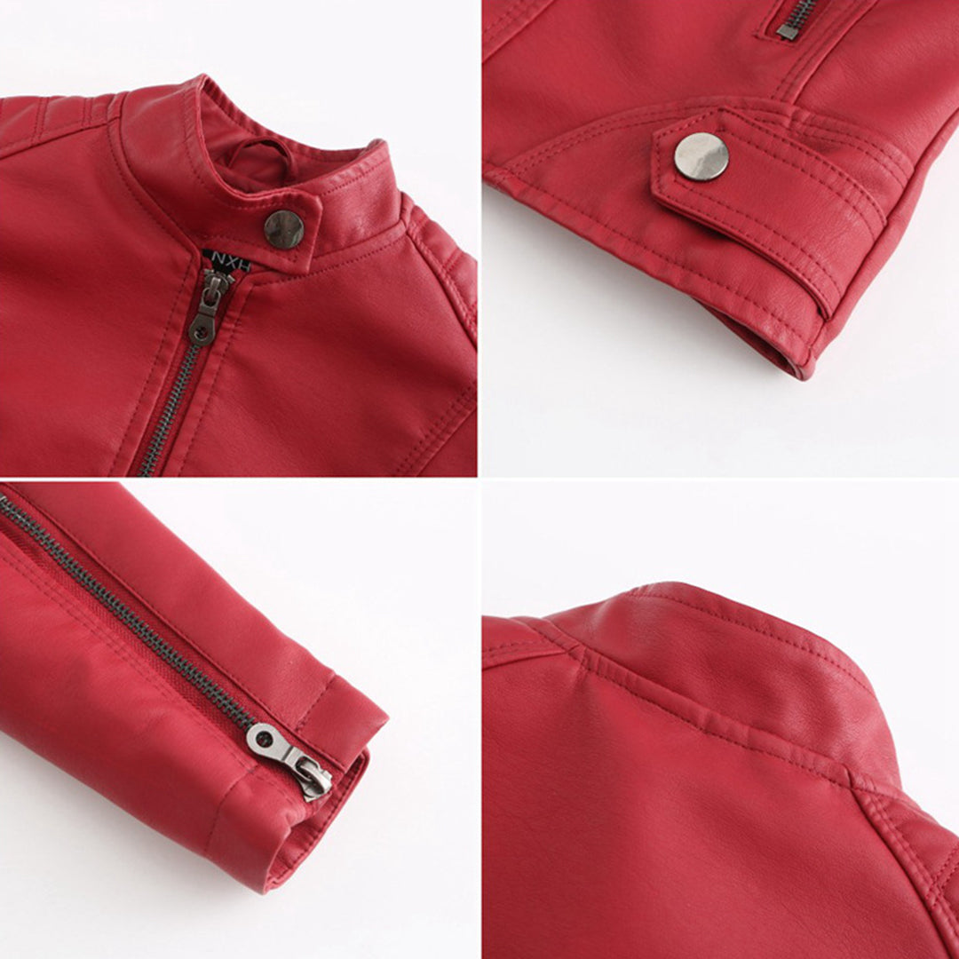 Chaqueta de Moto de Cuero Sintético Elegante para Mujeres con Cuello Alto, Manga Larga, Estilo Corto y Ajustado