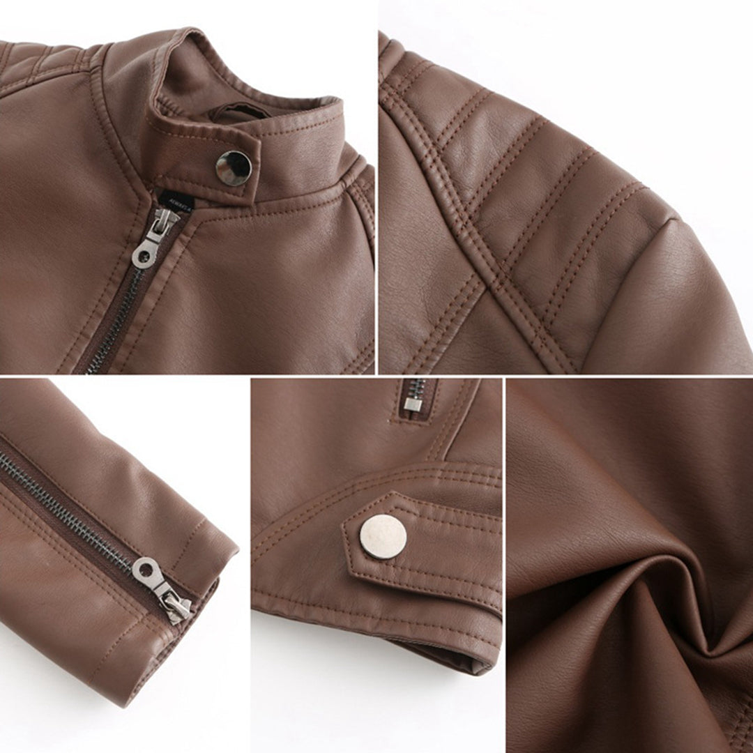 Chaqueta de Moto de Cuero Sintético Elegante para Mujeres con Cuello Alto, Manga Larga, Estilo Corto y Ajustado