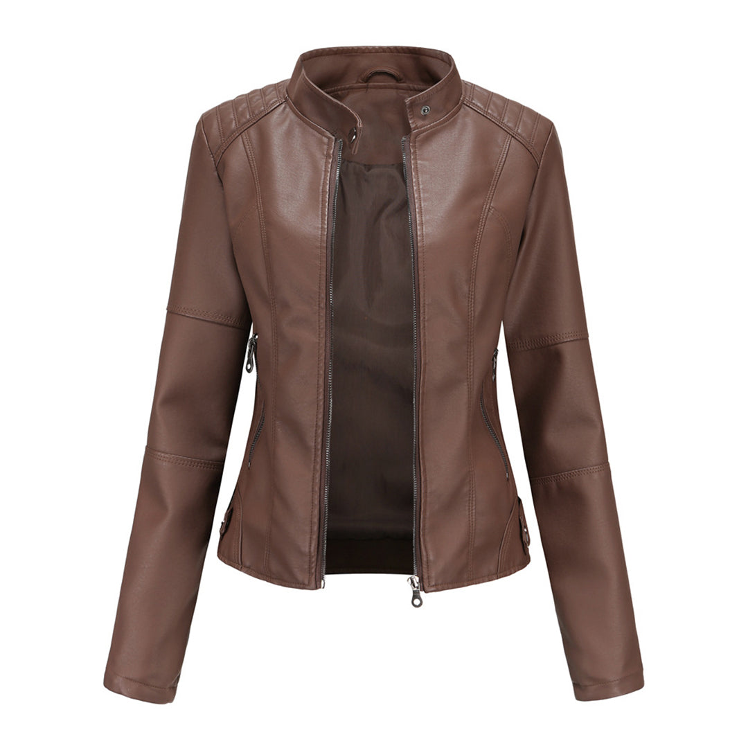 Chaqueta de Moto de Cuero Sintético Elegante para Mujeres con Cuello Alto, Manga Larga, Estilo Corto y Ajustado