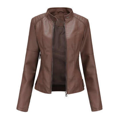 Chaqueta de Moto de Cuero Sintético Elegante para Mujeres con Cuello Alto, Manga Larga, Estilo Corto y Ajustado