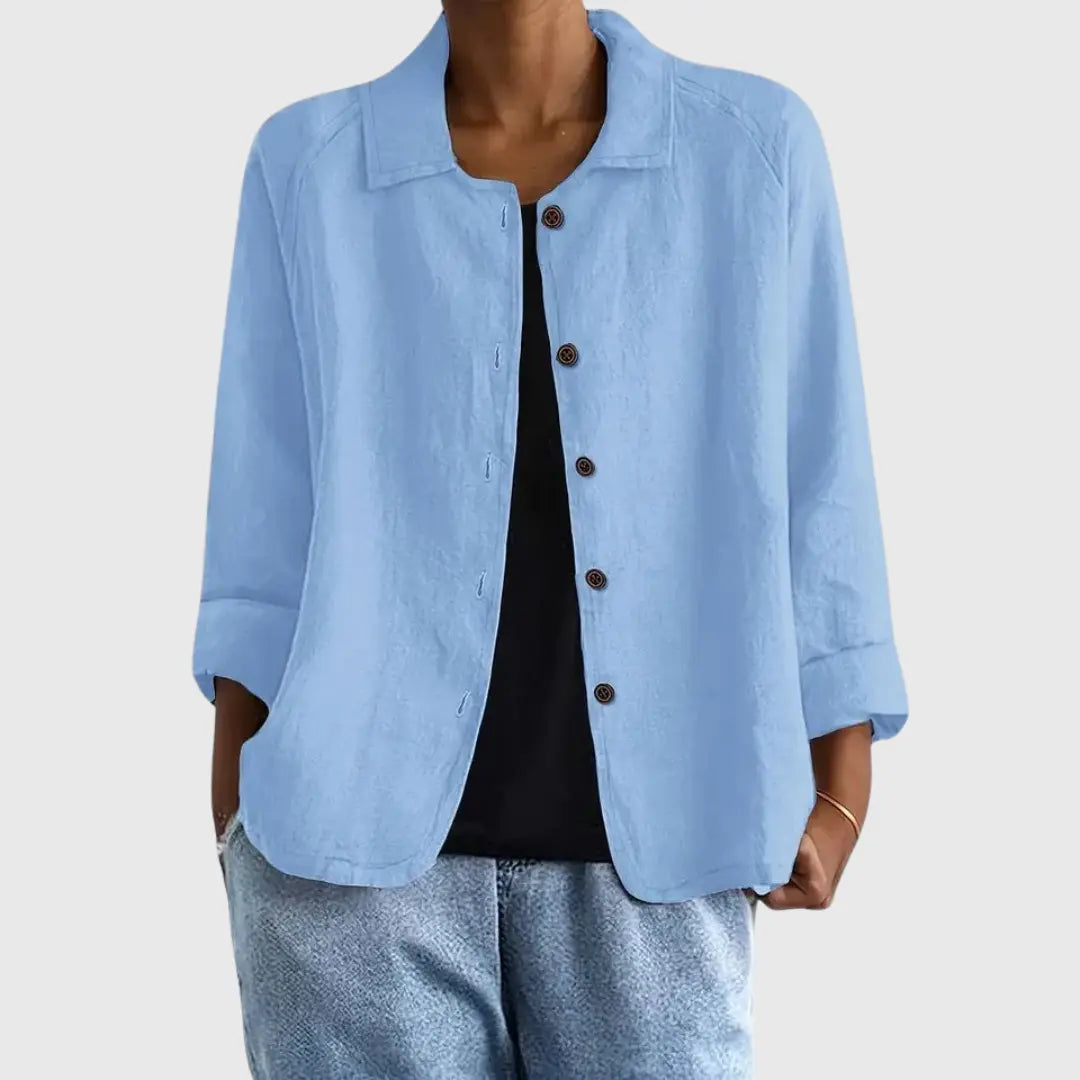 Camisa de Lino con Botones Frontal para Mujeres, Estilo Casual Relajado con Cuello y Manga Larga