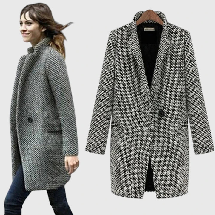 Abrigo de Tweed en Cuadros Grises Elegante para Mujeres con Solapa Escotada de Manga Larga y Estilo Relajado