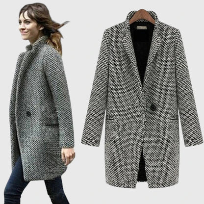 Abrigo de Tweed en Cuadros Grises Elegante para Mujeres con Solapa Escotada de Manga Larga y Estilo Relajado