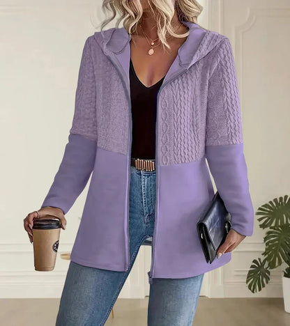 Cárdigan de Punto de Cable Cómodo para Mujeres con Capucha, Manga Larga, Cierre Frontal con Cremallera y Estilo Relajado