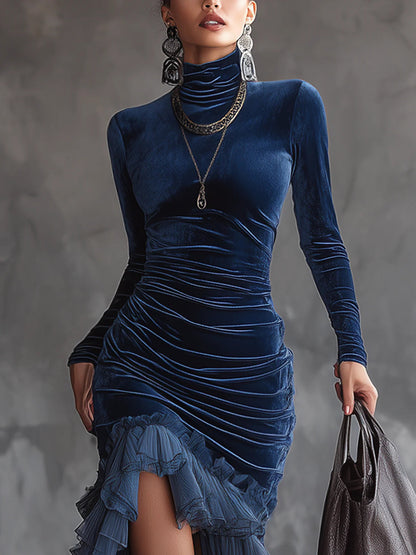 Elegante Vestido Maxi de Terciopelo Azul Oscuro para Mujeres con Cuello Alto, Manga Larga, Fruncido, Volantes y Abertura para Estilo Formal de Fiesta