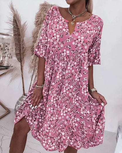 Vestido Midi Floral Sin Esfuerzo para Mujeres con Escote en V, Mangas Onduladas, Silueta de Volantes Estilo Bohemio