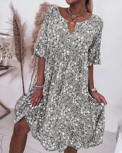 Vestido Midi Floral Sin Esfuerzo para Mujeres con Escote en V, Mangas Onduladas, Silueta de Volantes Estilo Bohemio