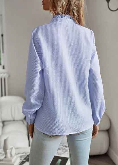Blusa de Seersucker con Volantes Elegantes para Mujeres con Cuello Alto, Manga Larga y Estilo Relajado