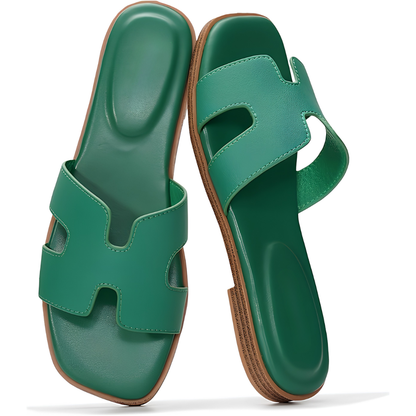 Sandalias de Cuero Cómodas para Mujeres con Correa Recortada y Punta Cuadrada, Estilo Plano