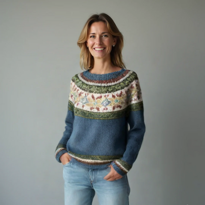 Suéter de punto cómodo y estampado para mujeres con cuello barco, manga larga y estilo relajado y oversize