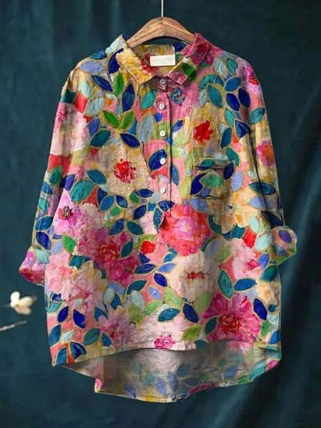 Blusa de Lino Floral Sin Esfuerzo para Mujeres con Cuello, Manga Larga, Botones en la Parte Frontal y Estilo de Dobladillo Alto-Bajo