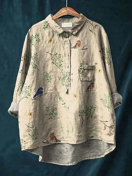 Blusa de Lino Floral Sin Esfuerzo para Mujeres con Cuello, Manga Larga, Botones en la Parte Frontal y Estilo de Dobladillo Alto-Bajo