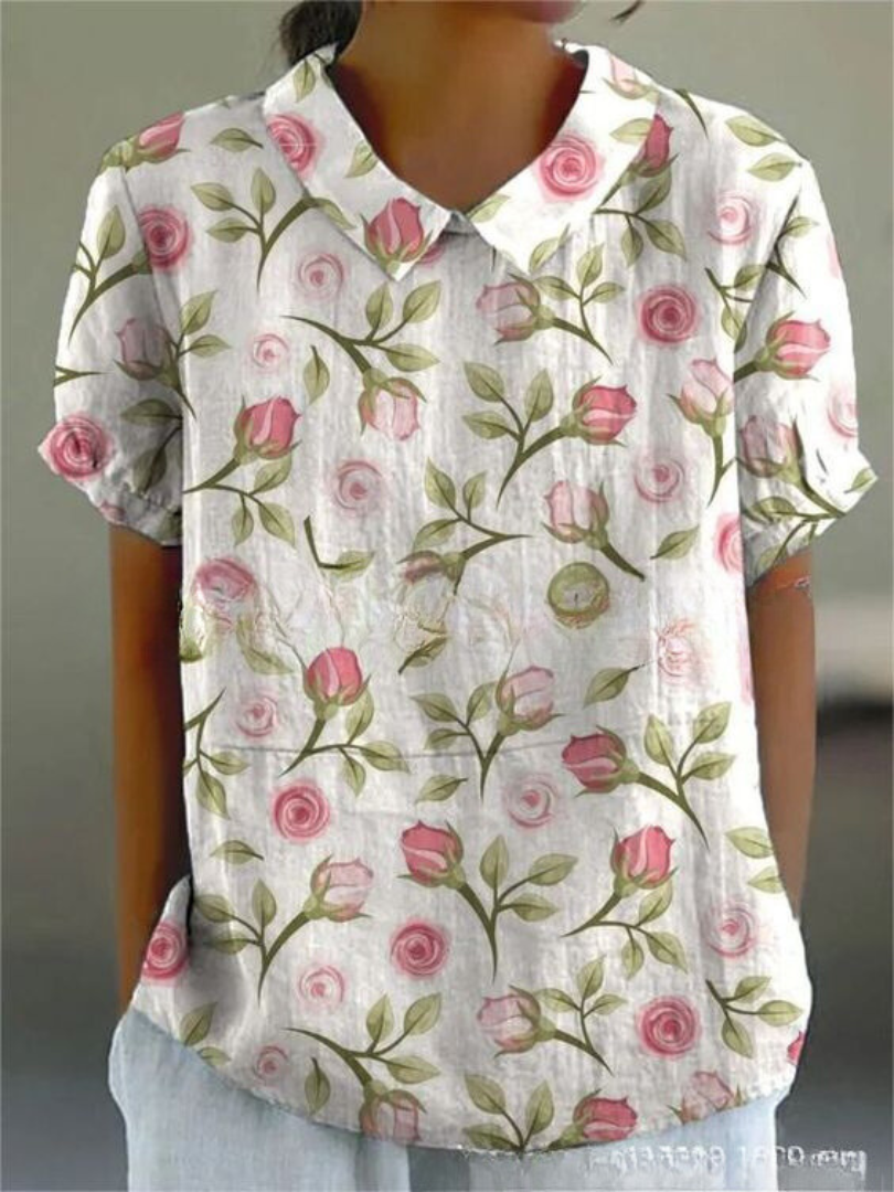 Blusa de Lino Floral Sin Esfuerzo para Mujeres con Cuello y Manga Corta, Estilo Casual Relajado