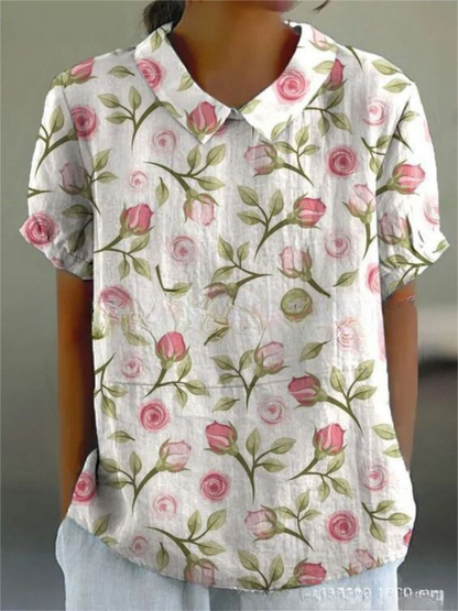 Blusa de Lino Floral Sin Esfuerzo para Mujeres con Cuello y Manga Corta, Estilo Casual Relajado