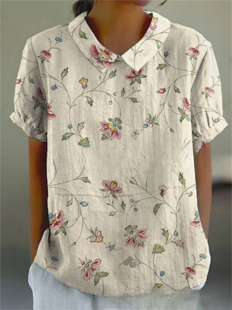 Blusa de Lino Floral Sin Esfuerzo para Mujeres con Cuello y Manga Corta, Estilo Casual Relajado
