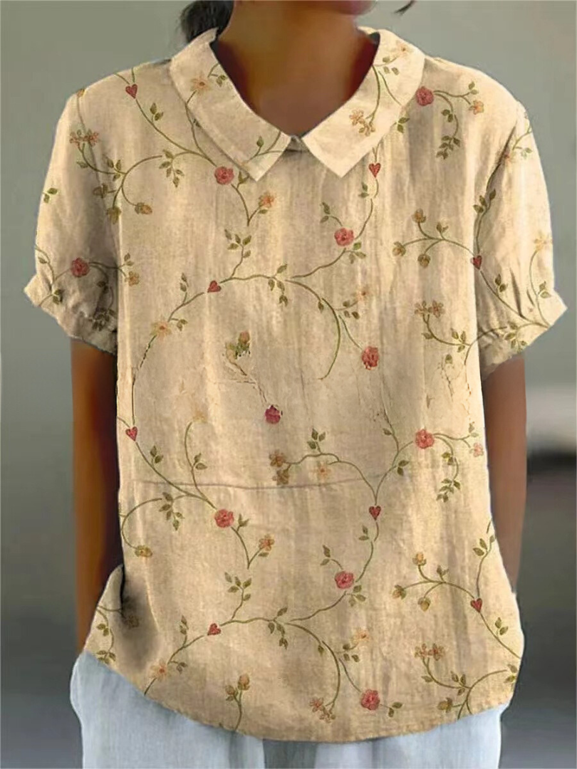 Blusa de Lino Floral Sin Esfuerzo para Mujeres con Cuello y Manga Corta, Estilo Casual Relajado