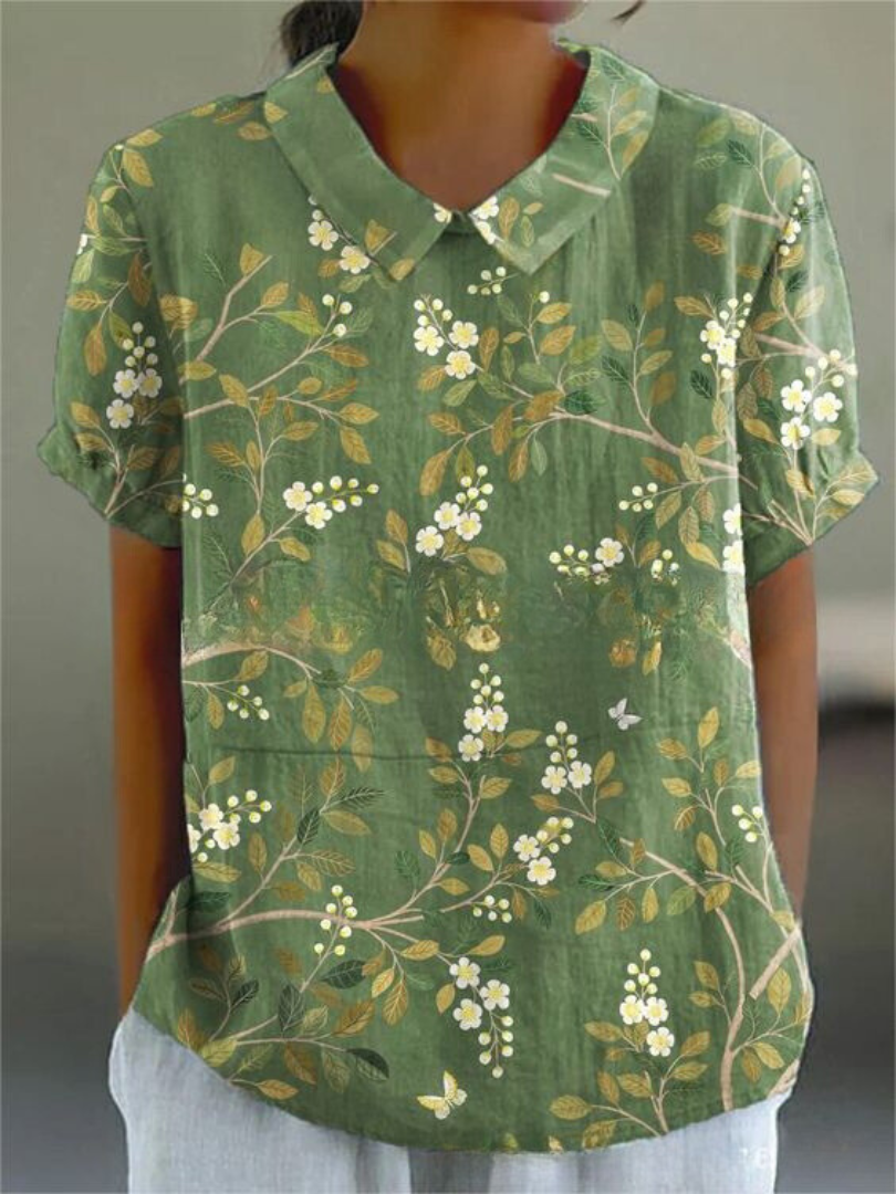 Blusa de Lino Floral Sin Esfuerzo para Mujeres con Cuello y Manga Corta, Estilo Casual Relajado