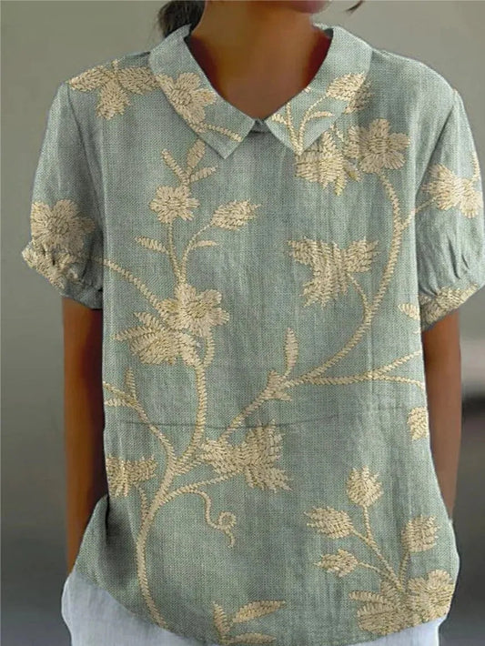 Blusa de Lino Floral Sin Esfuerzo para Mujeres con Cuello y Manga Corta, Estilo Casual Relajado