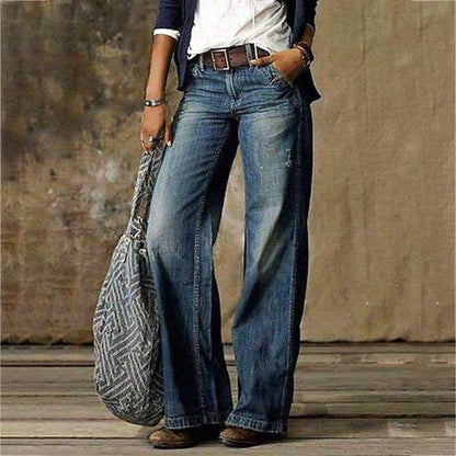 Jeans de pierna ancha desgastados y sin esfuerzo para mujeres con cintura alta, estilo casual y fluido