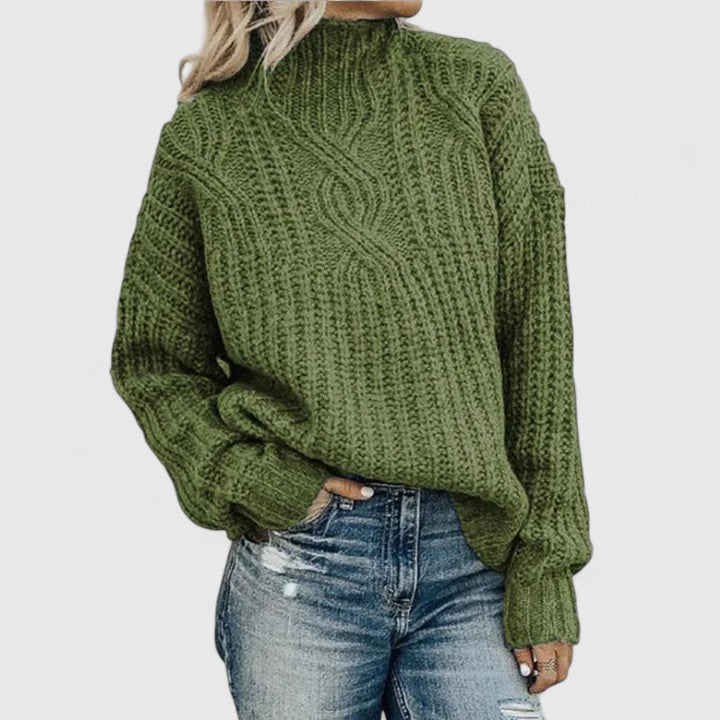 Suéter Cómodo de Punto Trenzado para Mujeres con Cuello Alto y Manga Larga, Estilo Relajado y Oversized