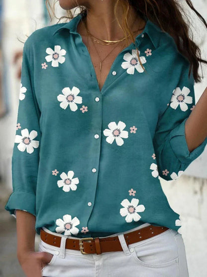 Blusa Floral Sin Esfuerzo para Mujeres con Cuello y Manga Larga Abotonada Estilo Relajado