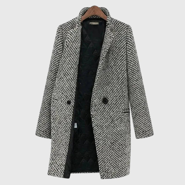 Abrigo de Tweed en Cuadros Grises Elegante para Mujeres con Solapa Escotada de Manga Larga y Estilo Relajado
