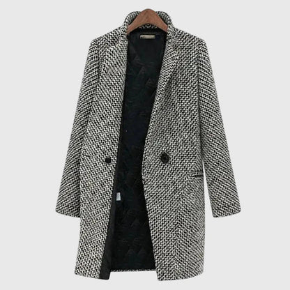 Abrigo de Tweed en Cuadros Grises Elegante para Mujeres con Solapa Escotada de Manga Larga y Estilo Relajado