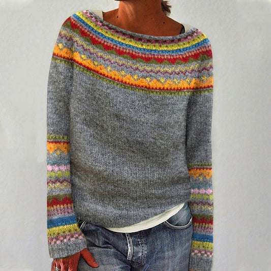 Suéter Cómodo Fair Isle para Mujeres con Cuello Redondo y Manga Larga Estilo Relajado y Oversized