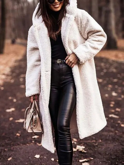 Abrigo de Piel de Oveja Sin Esfuerzo para Mujeres con Cuello con Capucha, Manga Larga, Estilo Oversized y Largo