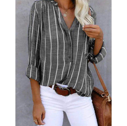 Blusa Rayada Sin Esfuerzo para Mujeres con Cuello en V, Manga Larga, Botones al Frente, Estilo Casual Relajado