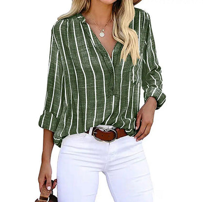 Blusa Rayada Sin Esfuerzo para Mujeres con Cuello en V, Manga Larga, Botones al Frente, Estilo Casual Relajado