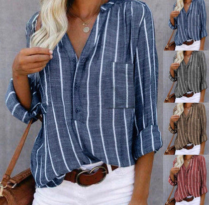 Blusa Rayada Sin Esfuerzo para Mujeres con Cuello en V, Manga Larga, Botones al Frente, Estilo Casual Relajado