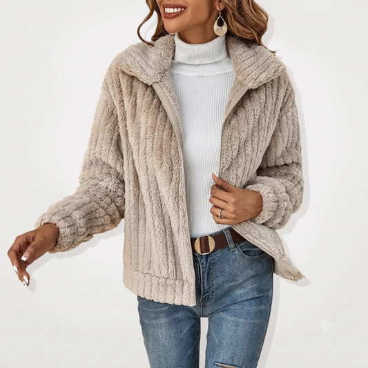 Chaqueta de Forro Polar Texturizado sin Esfuerzo para Mujeres con Cuello de Muesca, Manga Larga, Estilo Casual Oversized
