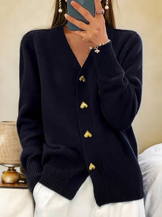 Suéter Cardigan Cómodo para Mujeres con Cuello en V, Manga Larga, Botón en Forma de Corazón, Estilo Tejido Relajado